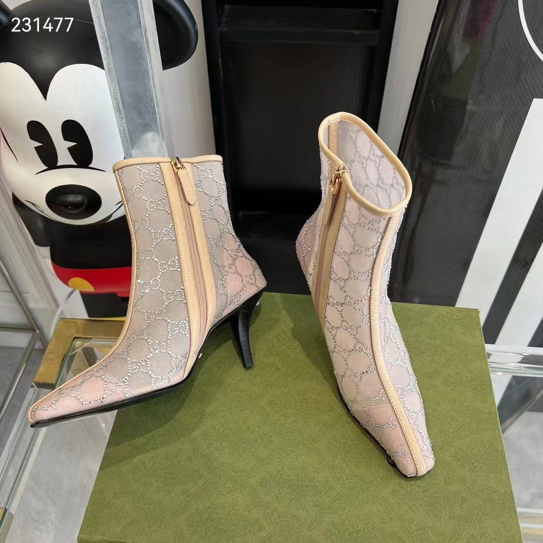 Gucci Women GG Mid-Heel Boot Rose Beige GG Crystal Mesh Leather Sole Pointed Toe