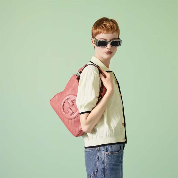 Gucci Women GG Blondie Small Tote Bag Pink Leather Round Interlocking G
