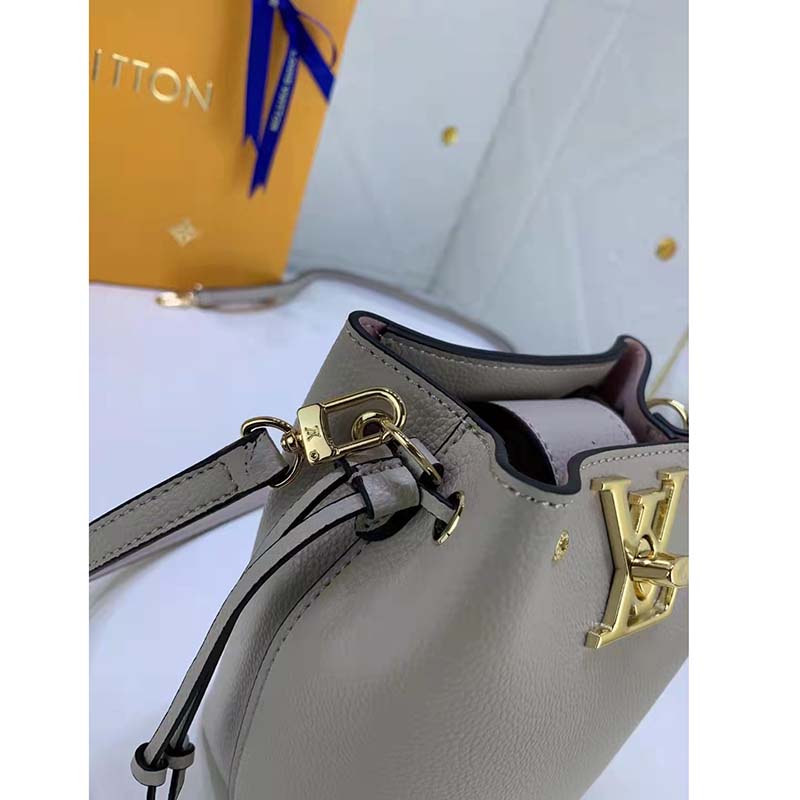 Louis Vuitton LV Women Nano Lockme Bucket Bag Greige Beige Grained Calf