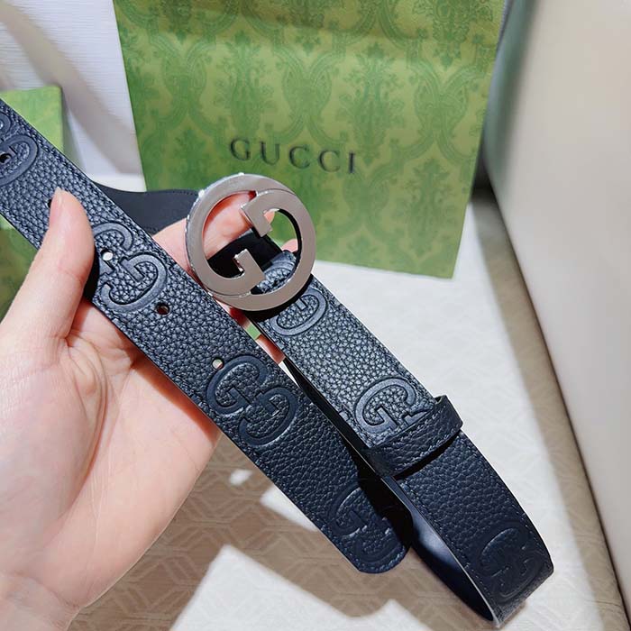 Gucci Unisex Blondie Belt Black Maxi GG Leather G Buckle 3 CM Width
