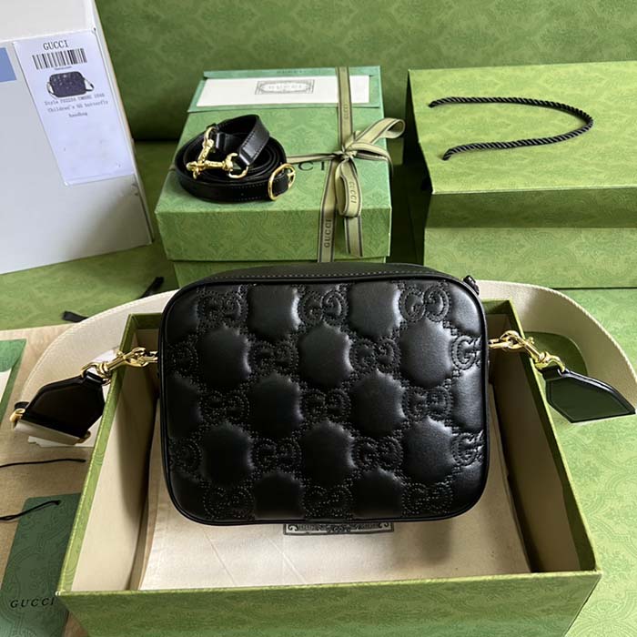 Gucci Women GG Matelassé Leather Small Bag Black Double G Zip Closure
