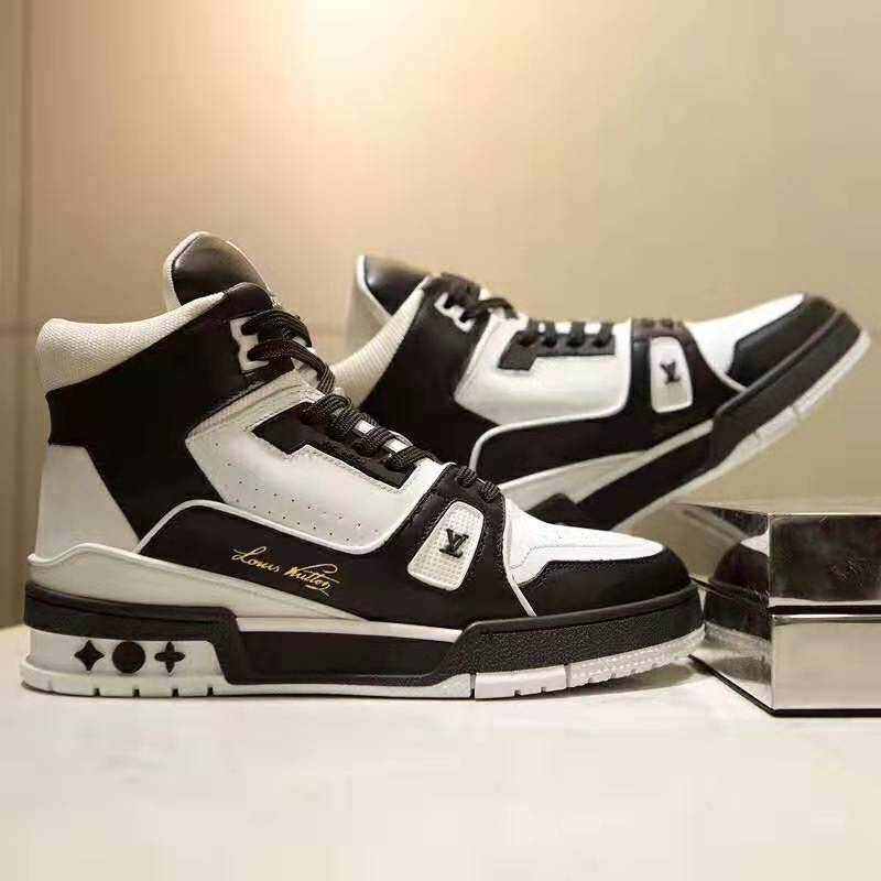 Louis Vuitton LV Unisex LV Trainer Sneaker in Calf Leather with Monogram Flowers-Black