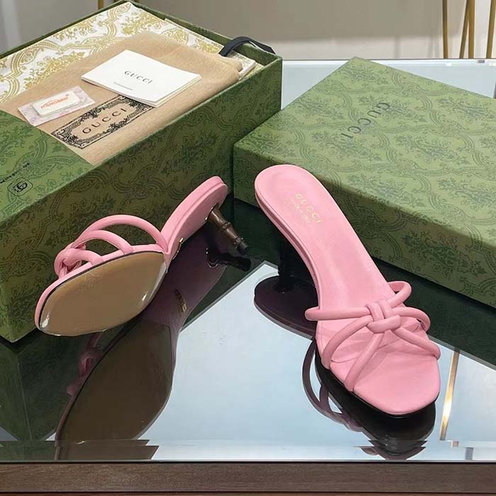 Gucci Women GG Slide Sandal Bamboo Pink Leather Bamboo Low Heel