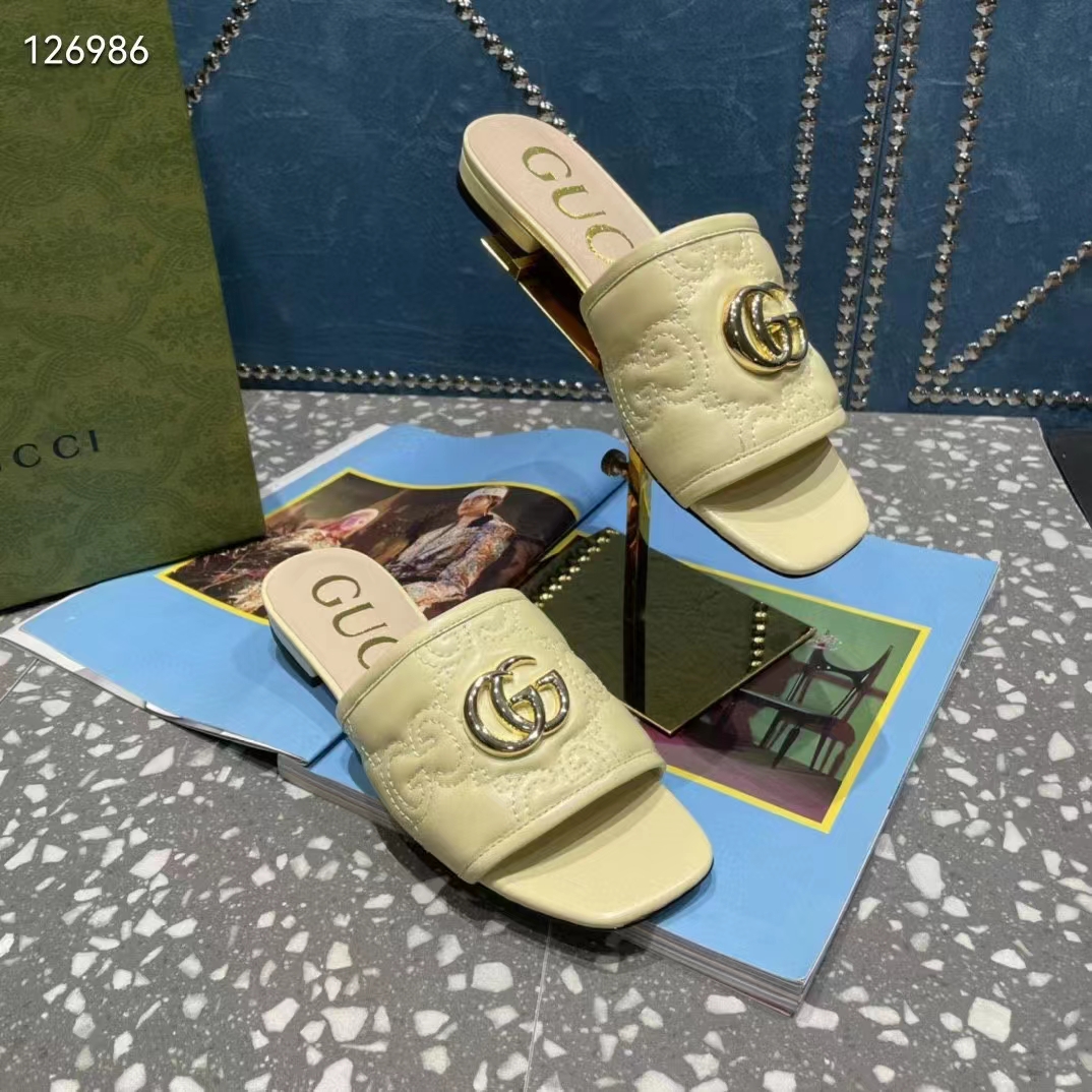 Gucci Women Matelassé Slide Sandal Beige GG Matelassé Leather Square Toe Flat