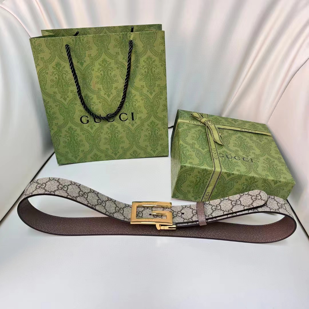 Gucci Unisex Reversible Belt Square G Buckle Beige Ebony GG Supreme Canvas Reverses Brown