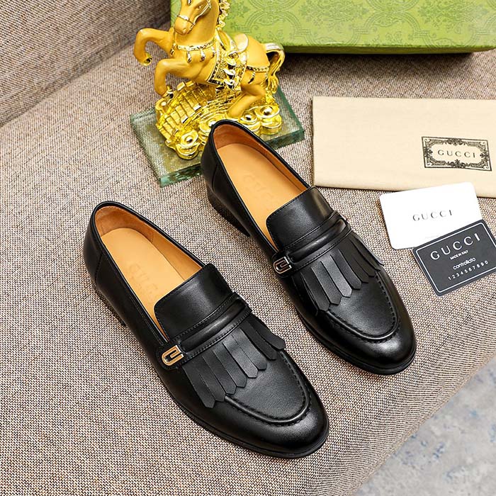 Gucci Men’s GG Loafer Mirrored G Black Leather Fringe Low 3 Cm Heel