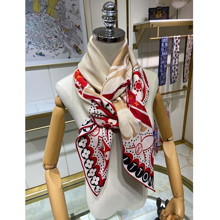 Louis Vuitton LV Women Precious Rabbit Square 70 Red Silk-Screen Print Monogram Flowers