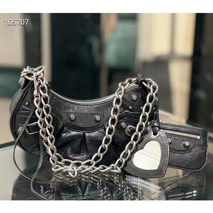 Balenciaga Women BB Le Cagole XS Shoulder Bag Black Arena Lambskin