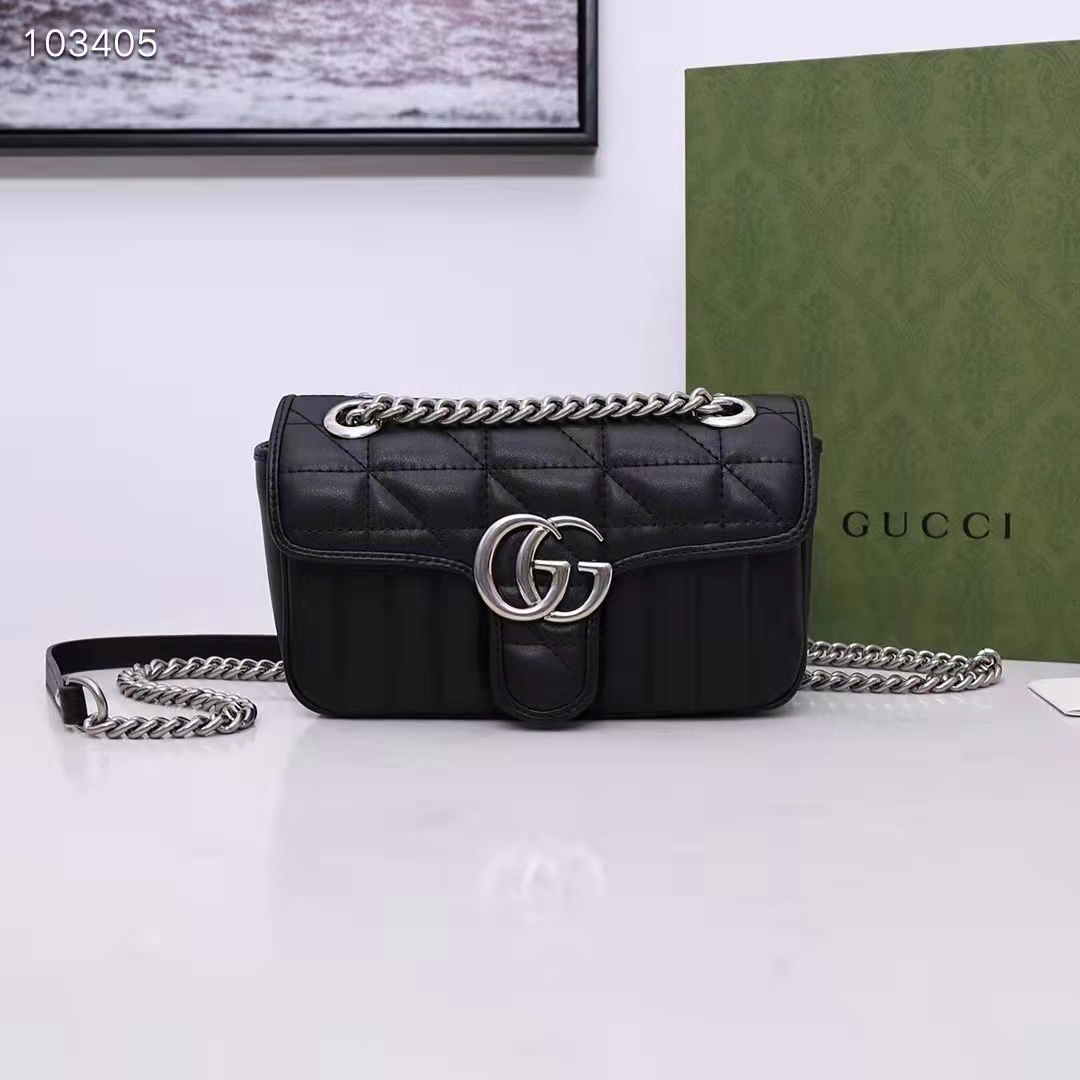 Gucci Women GG Marmont Mini Shoulder Bag Black Double G Matelassé Leather
