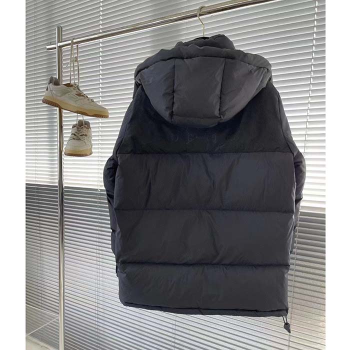 Gucci Men Nylon Down Jacket GG Iserts Black Canvas High Neck Velcro Cuffs Zip Closure