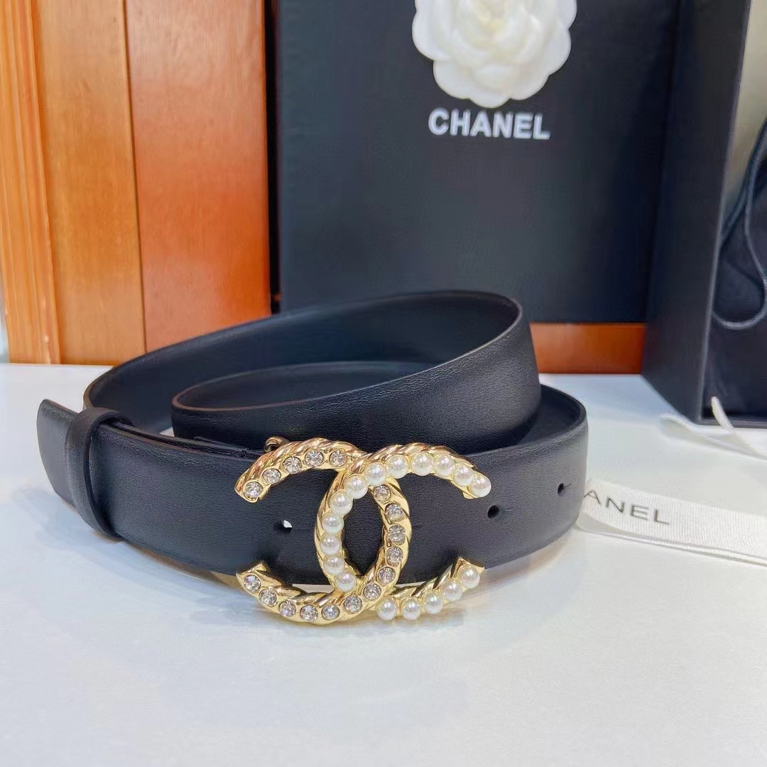 Chanel Women CC Belt Calfskin Gold-Tone Metal Resin Strass Black