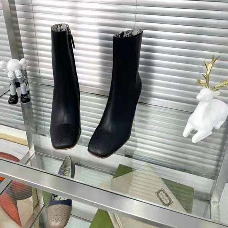 Gucci GG Women Ankle Boot with Interlocking G Black Leather 9 cm Heel