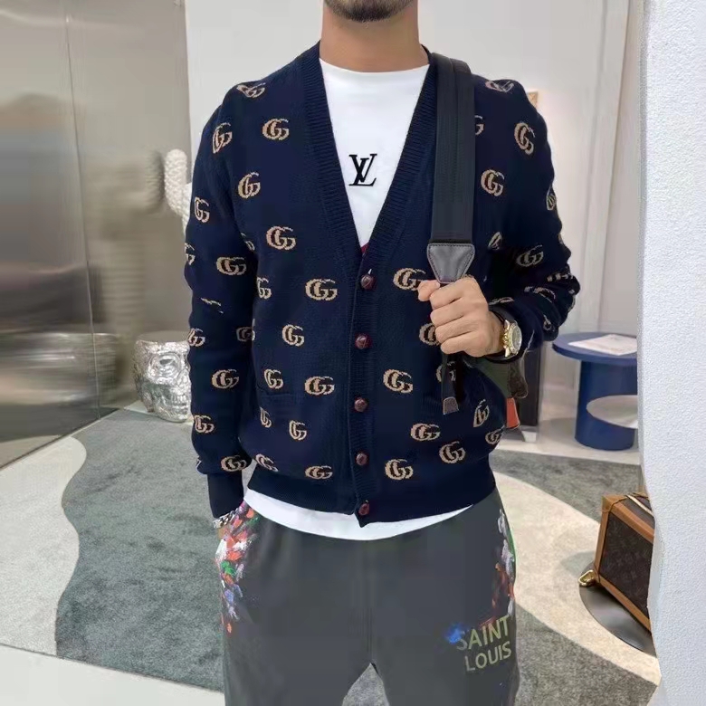 Gucci Men GG Knit Cashmere Jacquard Cardigan Blue Beige Long Sleeves V-Neck