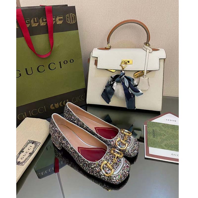 Gucci Women GG Lovelight Crystal Ballet Flat Horsebit Multicolor Crystal Leather