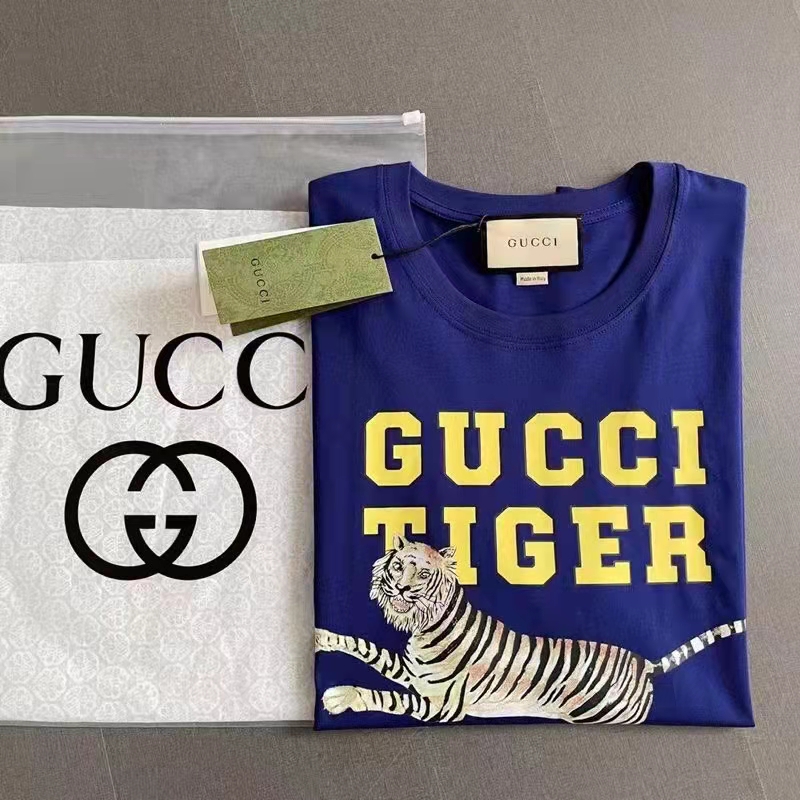 Gucci GG Women Gucci Tiger Cotton T-Shirt Blue Cotton Jersey Crewneck
