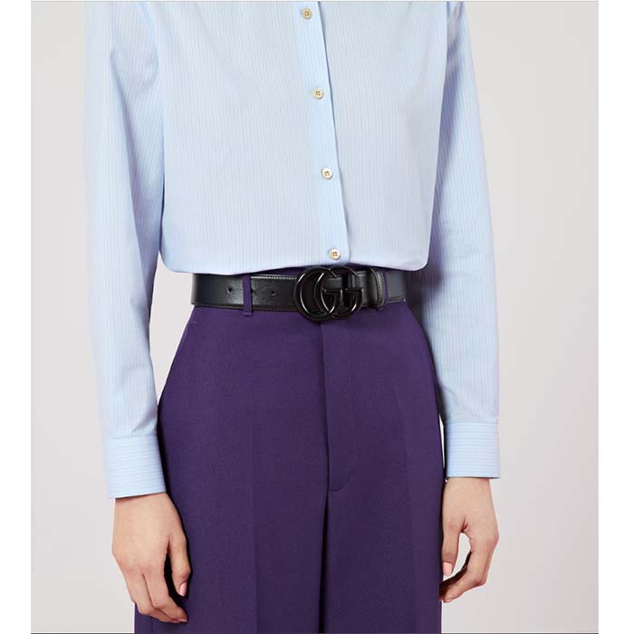 Gucci Unisex GG Marmont Wide Belt Black Leather Double G Buckle 3.8 CM Width