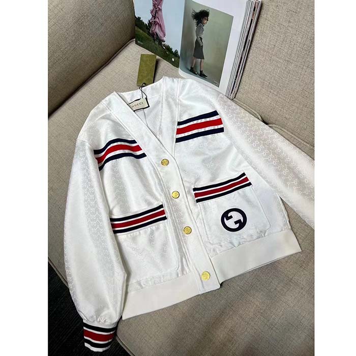 Gucci Men GG Technical Jersey Cardigan Web White V-Neck Dropped Shoulder Long Sleeves