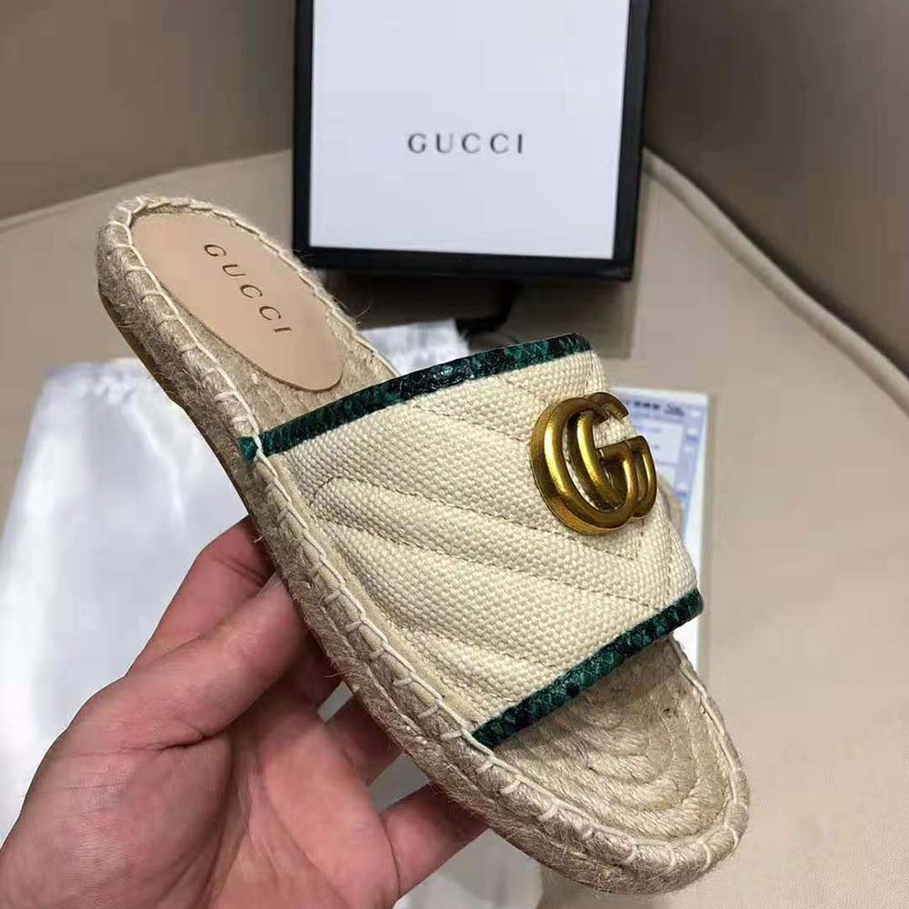 Gucci Women Online Exclusive Chevron Raffia Espadrille Slide with Double G-Sandy