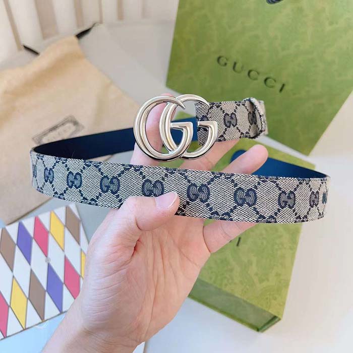 Gucci Unisex GG Marmont Reversible Belt Beige Blue Canvas Double G Buckle