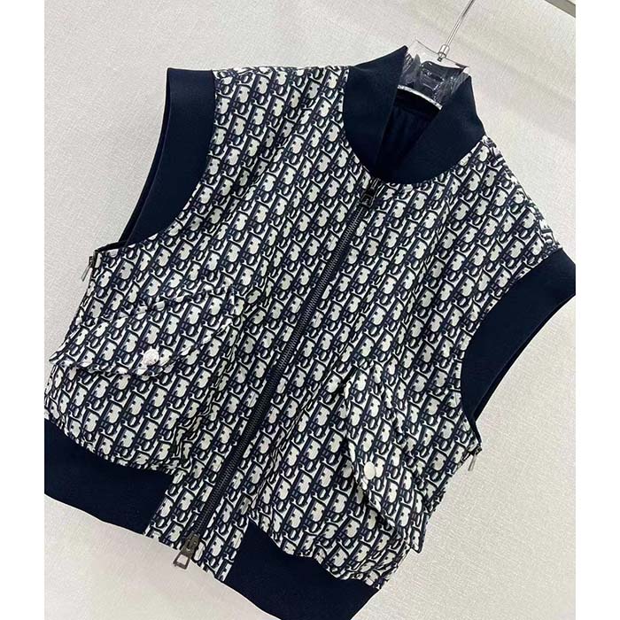 Dior Men CD Vest Blue Dior Oblique Technical Taffeta Embroidered Bee Emblem