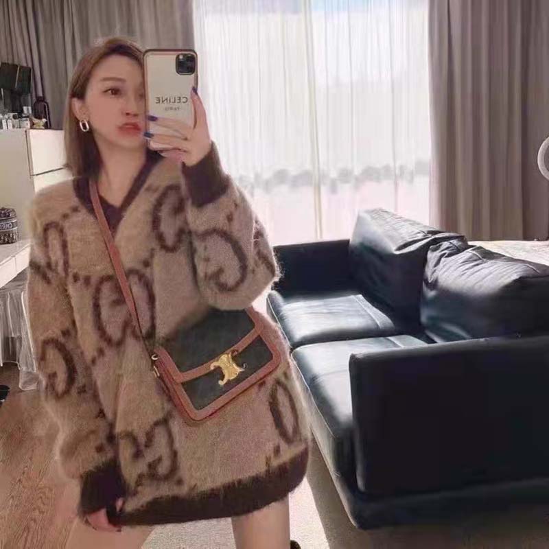 Gucci Women GG Mohair Wool V-Neck Sweater Beige Brown