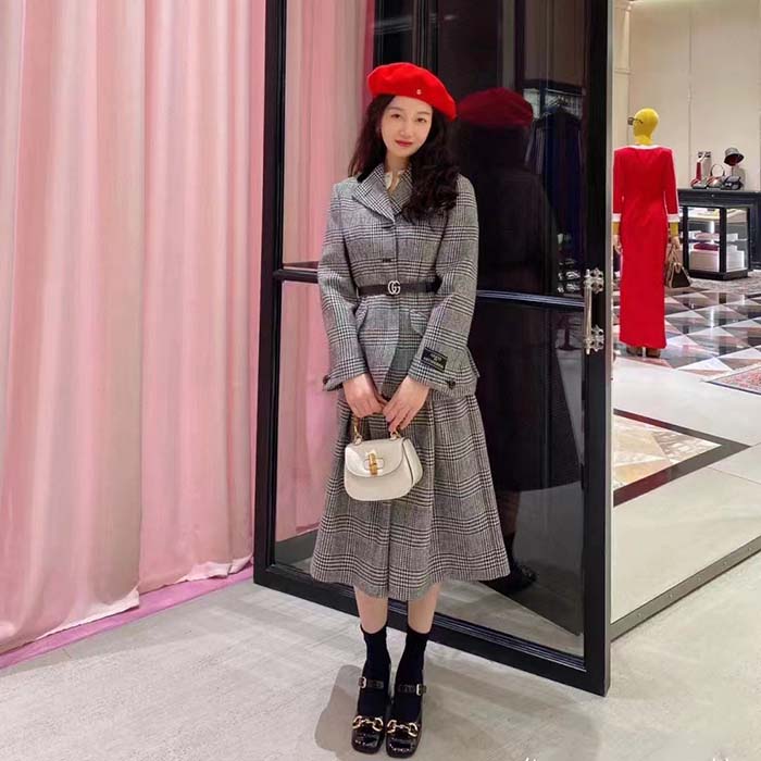 Gucci Women GG Prince Wales Check Jacket Black White Long Sleeves Flap Pockets