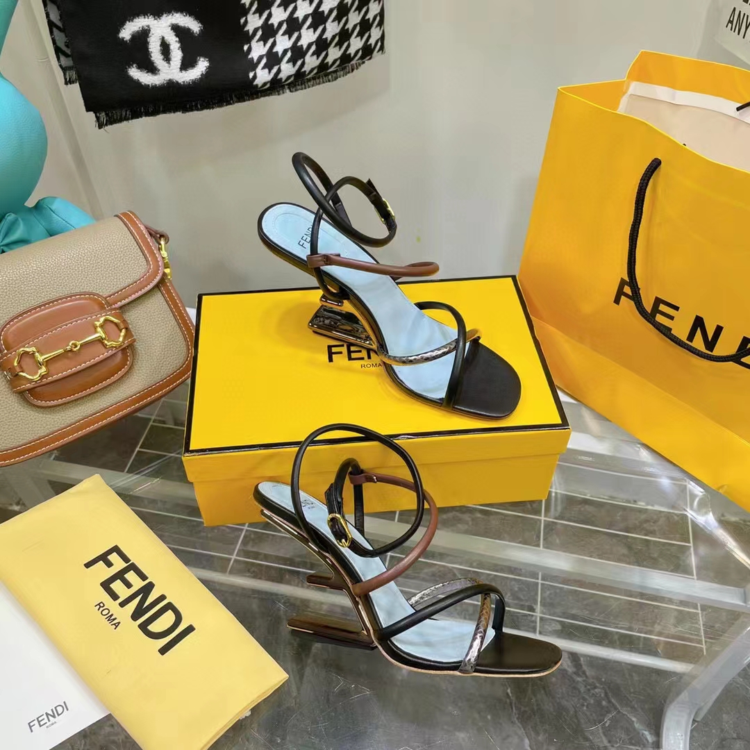 Fendi Women FF First Brown Nappa Leather High-Heeled Sandals 9.5 cm Heel