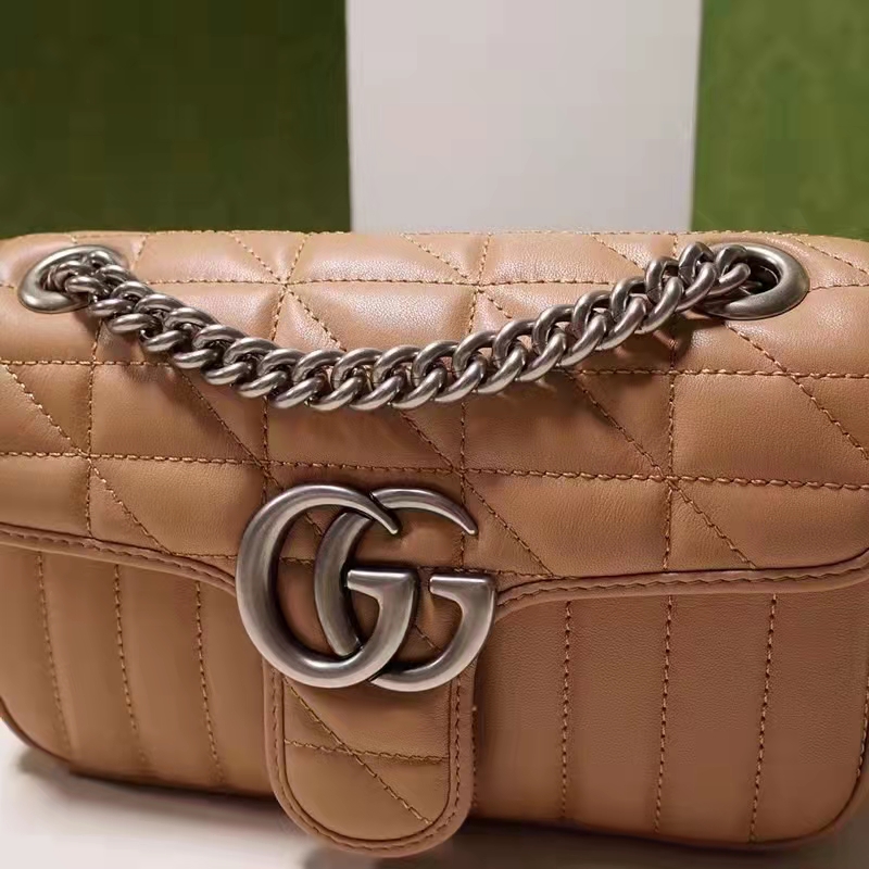 Gucci Women GG Marmont Small Shoulder Bag Beige Matelassé Leather Double G