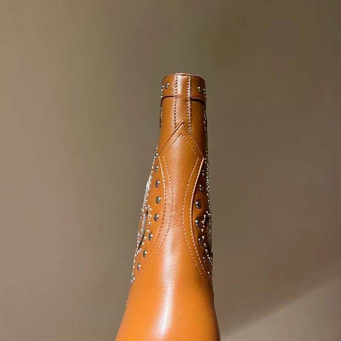 Gucci Women GG Boot Double G Embroidery Studs Brown Leather Low 3.6 CM Heel