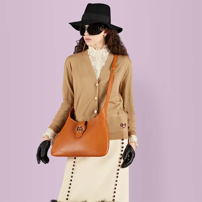 Gucci Women GG Aphrodite Medium Shoulder Bag Brown Soft Leather Double G