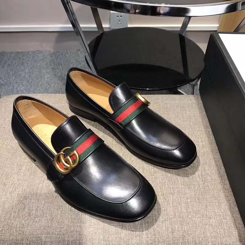 Gucci Men Leather Loafer with GG Web Shoes-Black