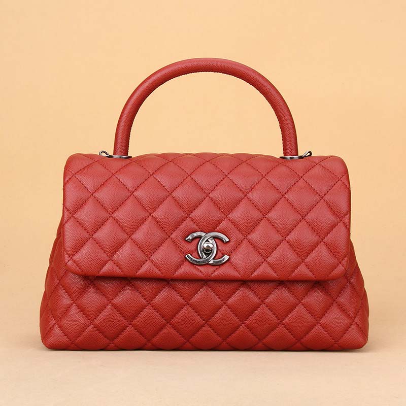 Chanel Women Flap Bag with Top Handle in Grained Calfskin Leather-Red