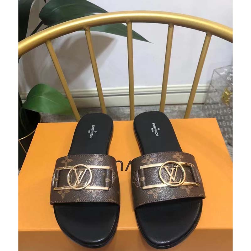 Louis Vuitton Unisex Lock It Flat Mule Brown Patent Monogram Canvas Leather Outsole