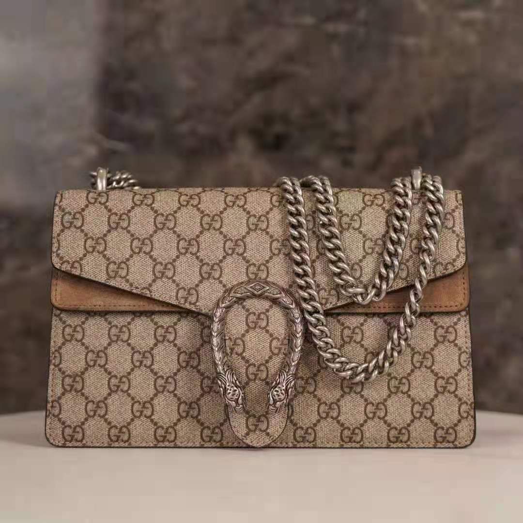 Gucci GG Women Dionysus GG Small Shoulder Bag Beige Ebony GG Supreme Canvas Brown Suede