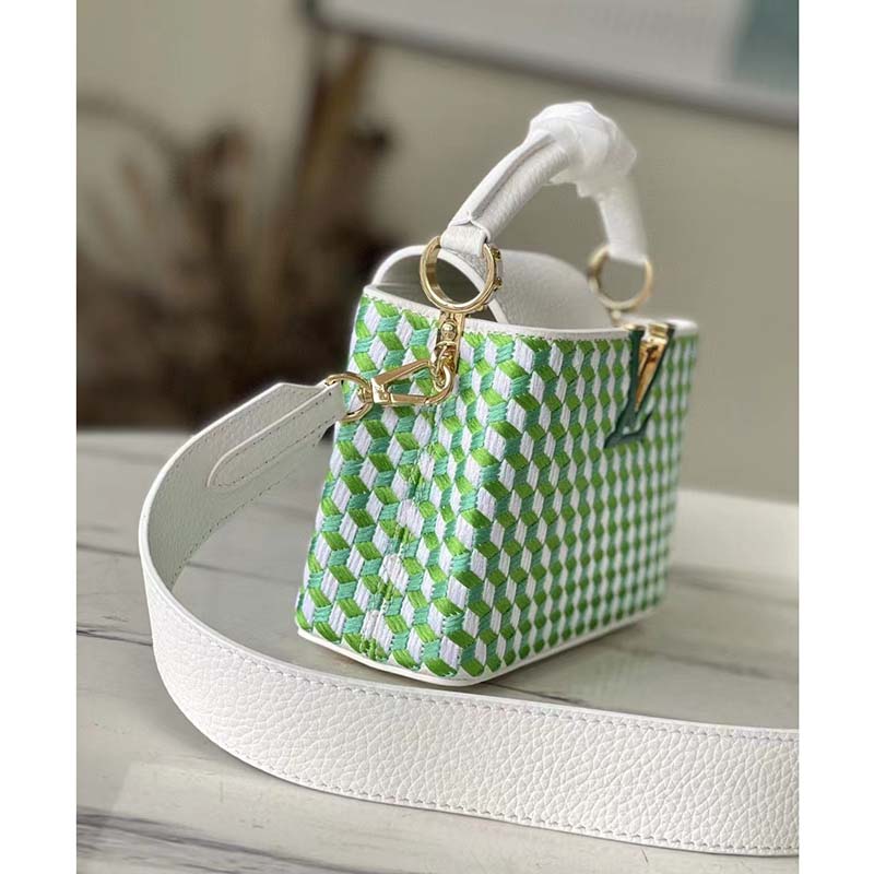 Louis Vuitton LV Women Capucines Mini White Green Taurillon Leather Textile Embroidery