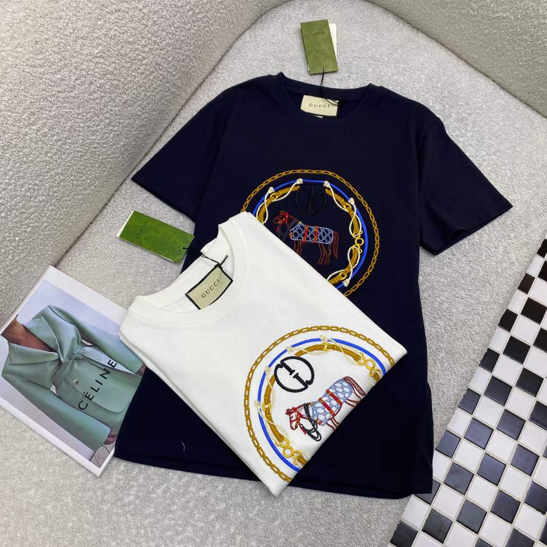 Gucci Women GG Cotton Jersey T-Shirt Interlocking G Crystal Crewneck