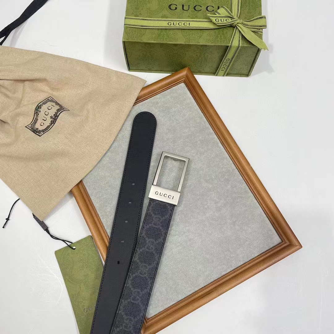 Gucci Unisex Belt Rectangular Buckle Black GG Supreme Canvas 3.6 CM Width