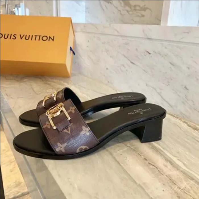 Louis Vuitton LV Women Lock It Mule Brown Patent Monogram Canvas Leather Outsole
