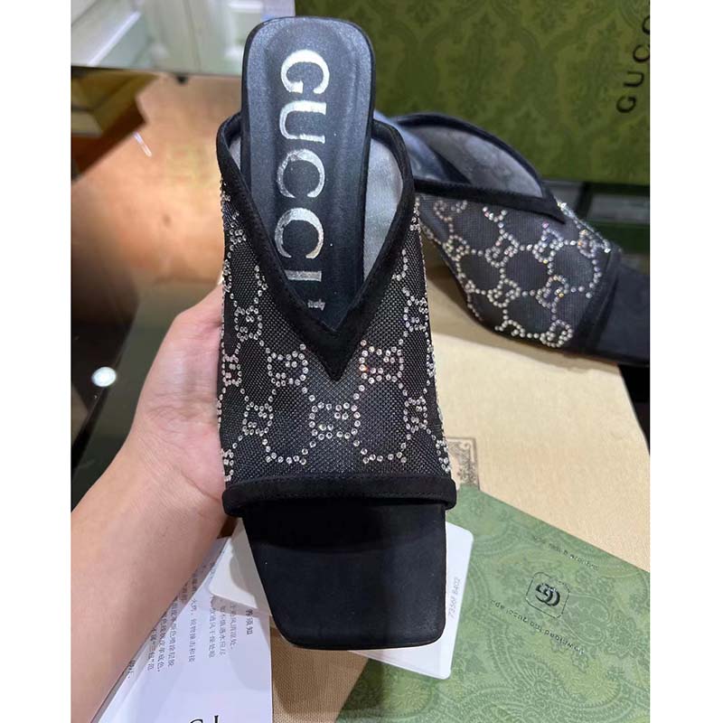 Gucci Women Sandal Black Mesh GG Crystals Square Toe Mid Heel 8 Cm Heel
