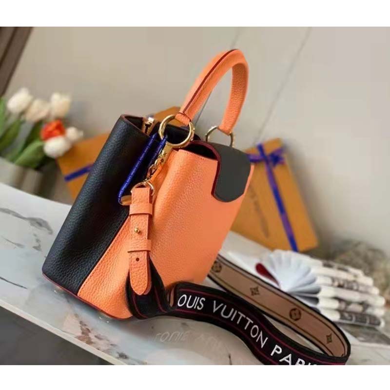 Louis Vuitton LV Women Capucines MM Handbag Black Gold Arizona Taurillon Cowhide