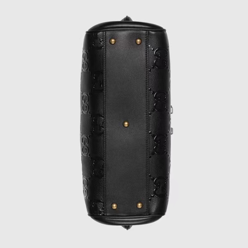 Gucci Women Small GG Top Handle Bag Black Debossed Leather Double G