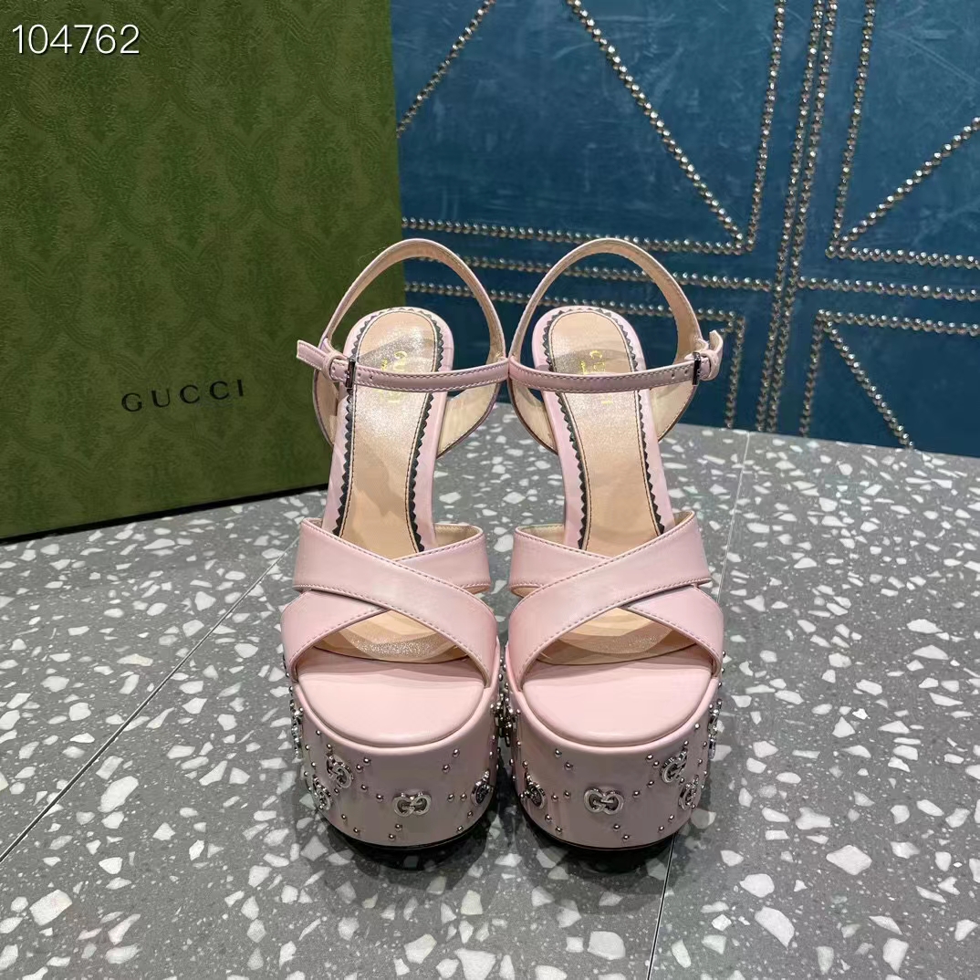 Gucci Women GG Interlocking G Studs Sandal Pink Leather Spool High 15 Cm Heel