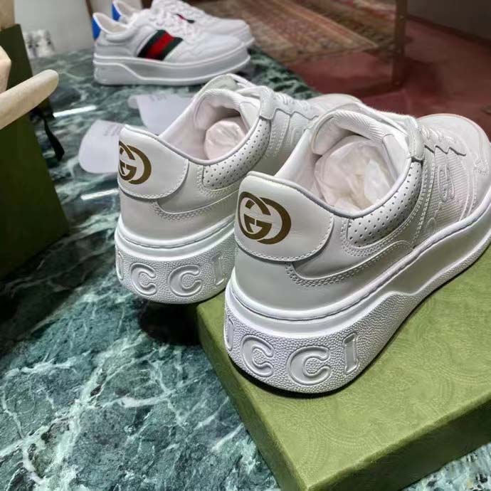 Gucci Unisex GG Embossed Sneaker White Smooth Leather Lace Up Flat
