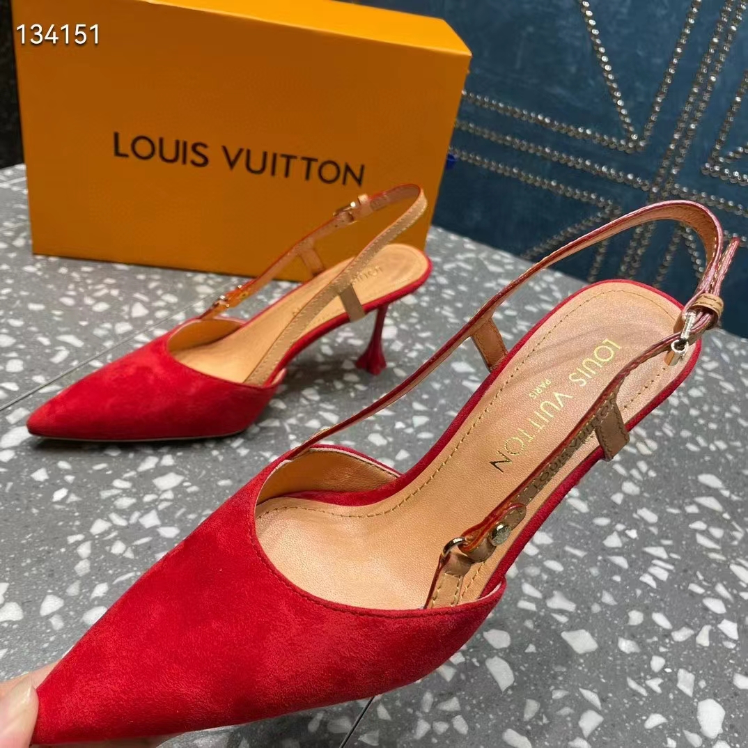 Louis Vuitton LV Women Blossom Slingback Pump Red Suede Baby Goat Leather Cowhide