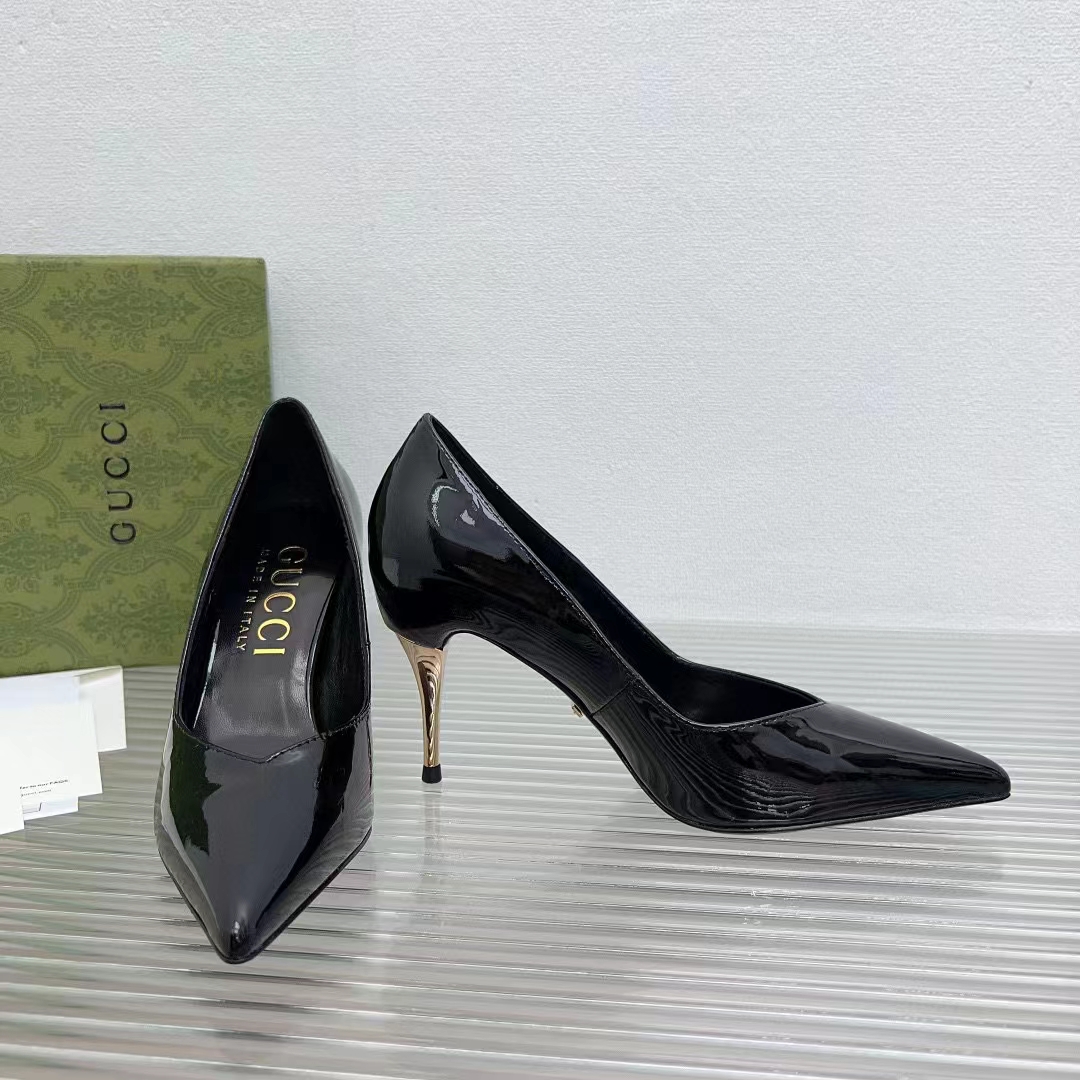 Gucci Women GG High Heel Pump Black Leather Pointed Toe 10 CM Heel