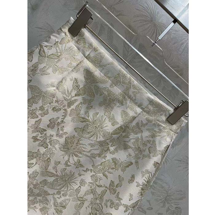 Dior Women CD Mid-Length Flared Skirt White Technical Jacquard Gold-Tone Allover Butterfly Motif
