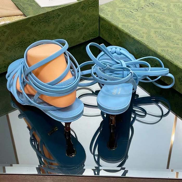 Gucci Women GG Strappy Sandal Bamboo Pastel Blue Leather Bamboo Low Heel
