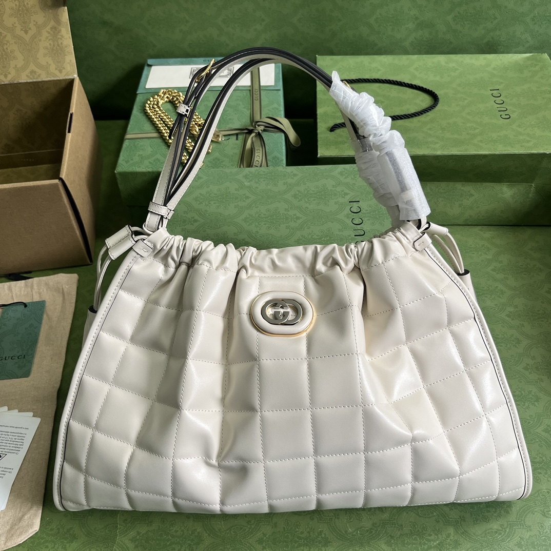 Gucci Unisex GG Deco Medium Tote Bag White Quilted Leather Interlocking G