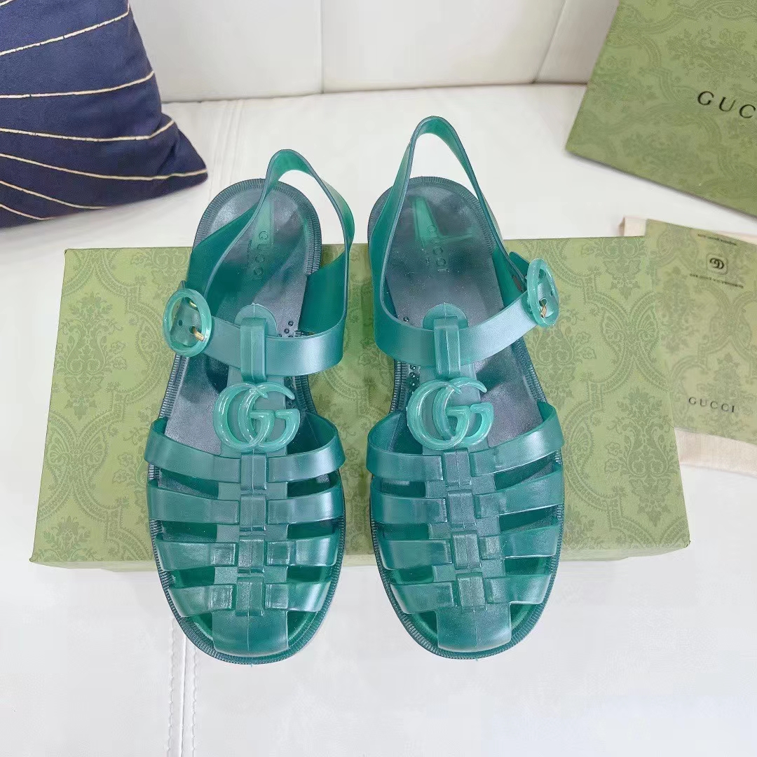 Gucci Unisex GG Sandal Double G Transparent Green Rubber Sole Ankle Buckle Flat