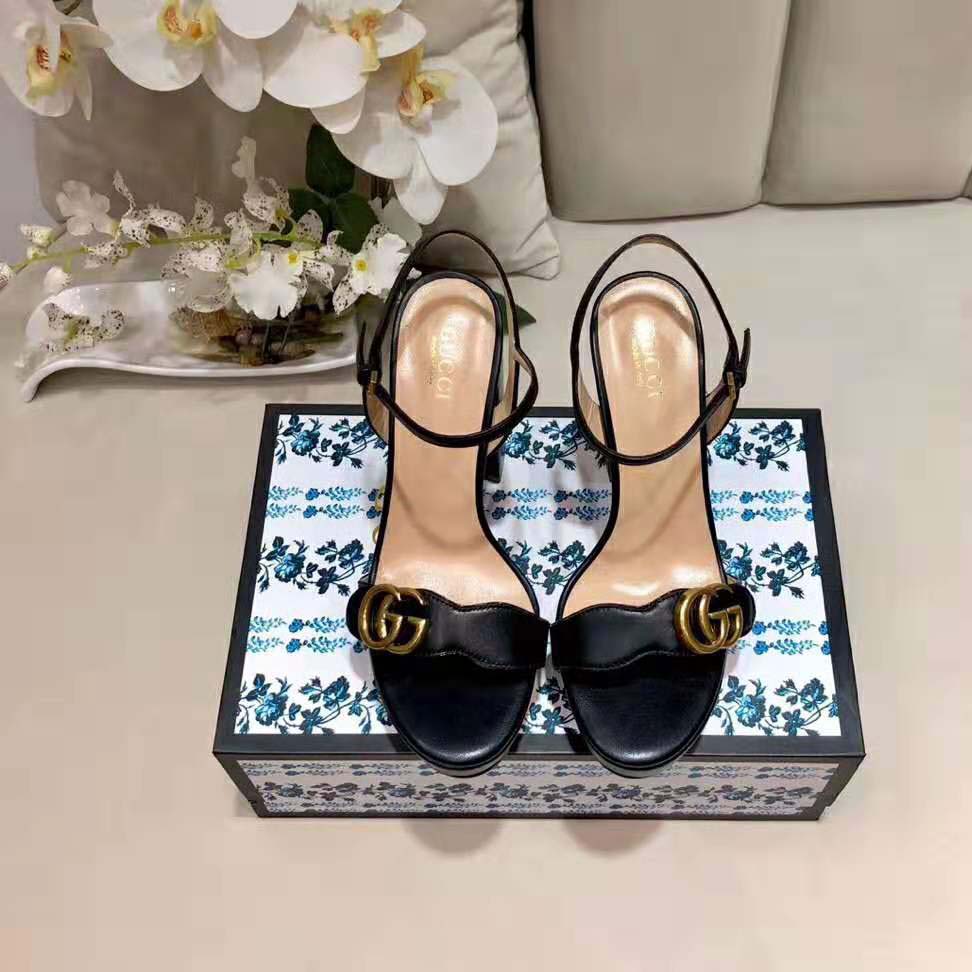 Gucci Women Leather Mid-Heel Sandal-Black